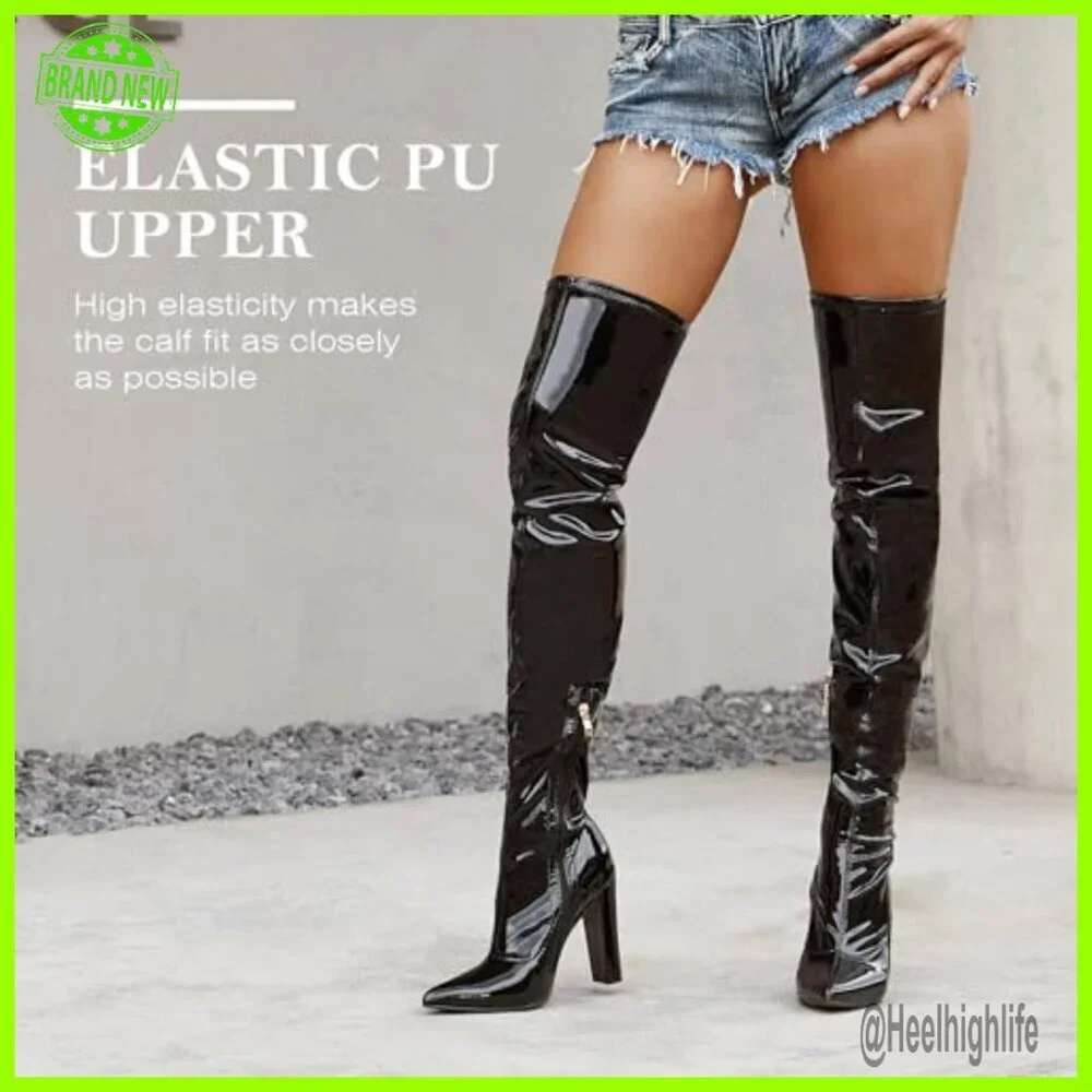 Patent Leather Over-the-Knee Boots with 4-Inch Heel, Pointed Toe